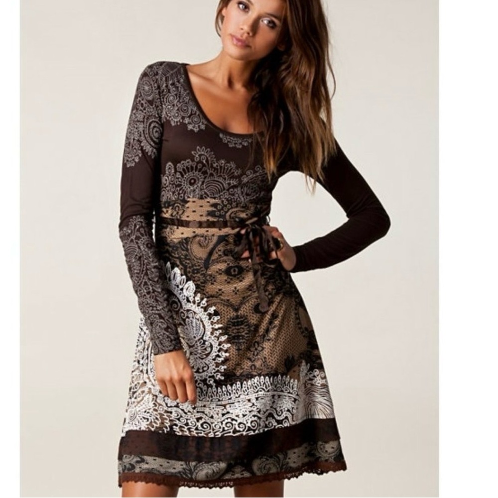 Desigual ladies overprinted  Layered Hem Tisdale Brown dress size M Medium